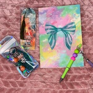 Handmade notebook beaded pen bow key chain bookmark orange green